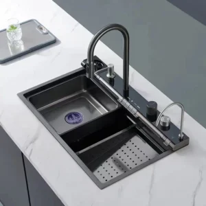 Rotating Waterfall Kitchen Sink Stainless Steel Large Single Slot Integrated Digital Display Faucet Set Soap Dispenser Cup Washe