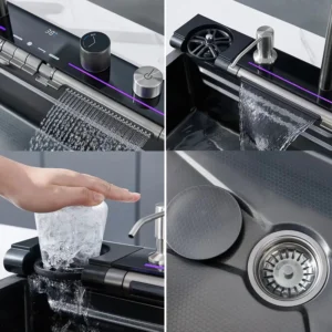 Rotating Waterfall Kitchen Sink Stainless Steel Large Single Slot Integrated Digital Display Faucet Set Soap Dispenser Cup Washe