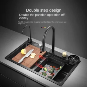 Waterfall Sink Kitchen Stainless Steel Topmount Sink Large Single Slot Wash Basin With Multifunction Touch Waterfall Faucet